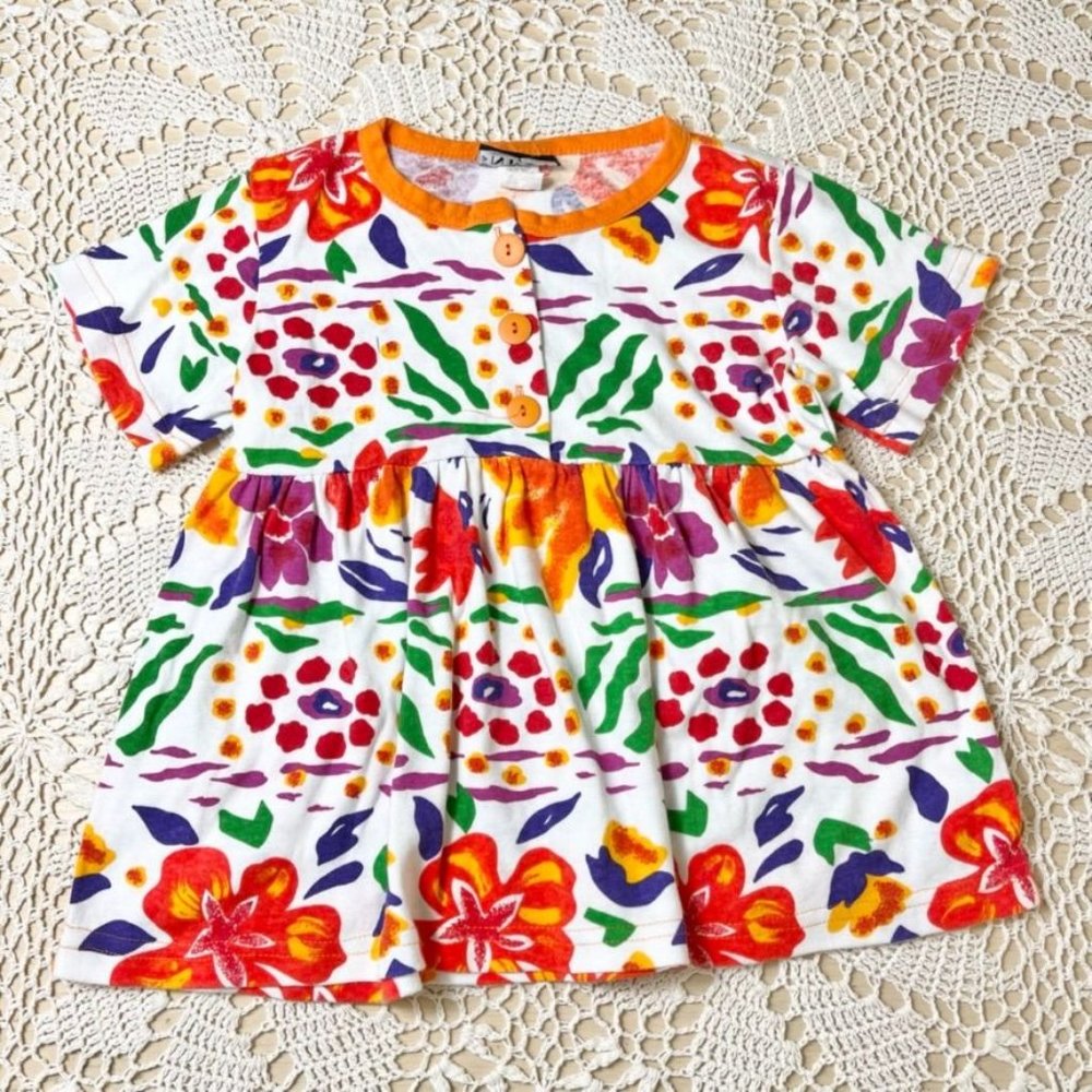 Vintage WH Next 1990s Orange Floral Tunic Shirt Girls 10-12 Years